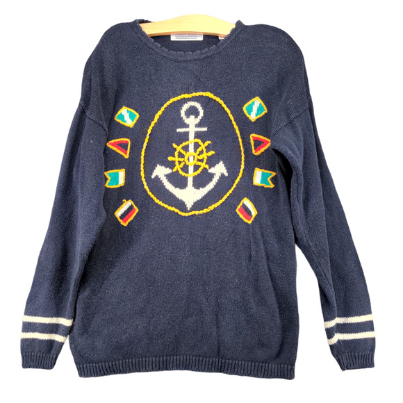 Karen Scott Womens Pullover Sweater Blue Medium Flags Nautical Shoulder Pads - Picture 1 of 13